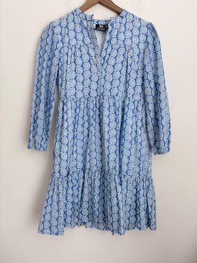 Madison Mathews blue swirl geometric print V neck cotton dress XS